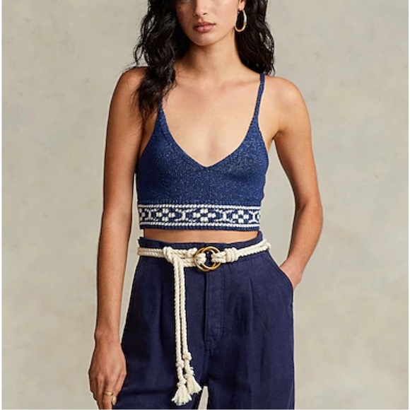 POLO by Ralph Lauren Geo-Motif Knitted Crop Top Woven Crochet Navy Bralette LG - Picture 5 of 9